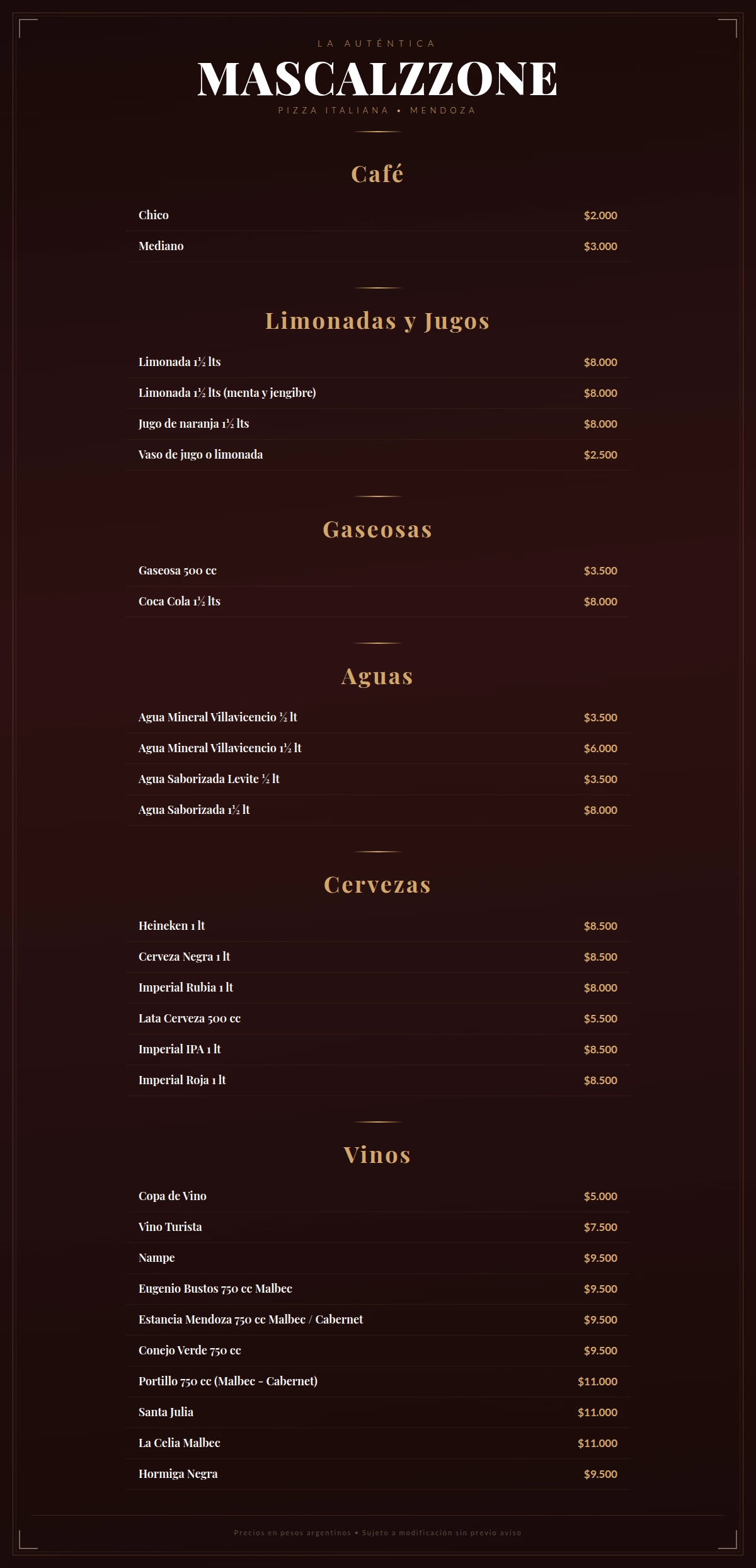 Menu Bebidas