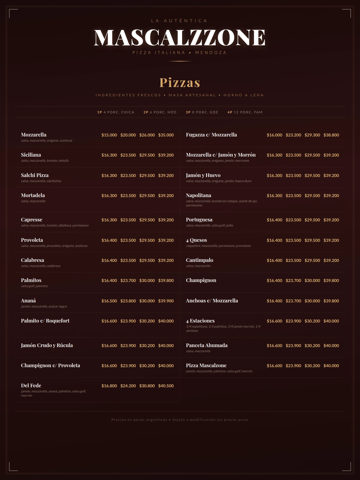 Menu Pizzas